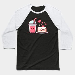 Design for Strawberry Lovers with a Kawaii Style Strawberry Cake and Drink | Cutesy Kawaii Baseball T-Shirt